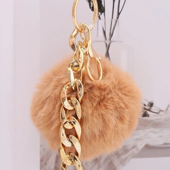 Bag Charm Fuzzy Pom Pom Keychain Purse Chunky Gold Chain Stylish Glam Trendy Fun - Picture 1 of 2